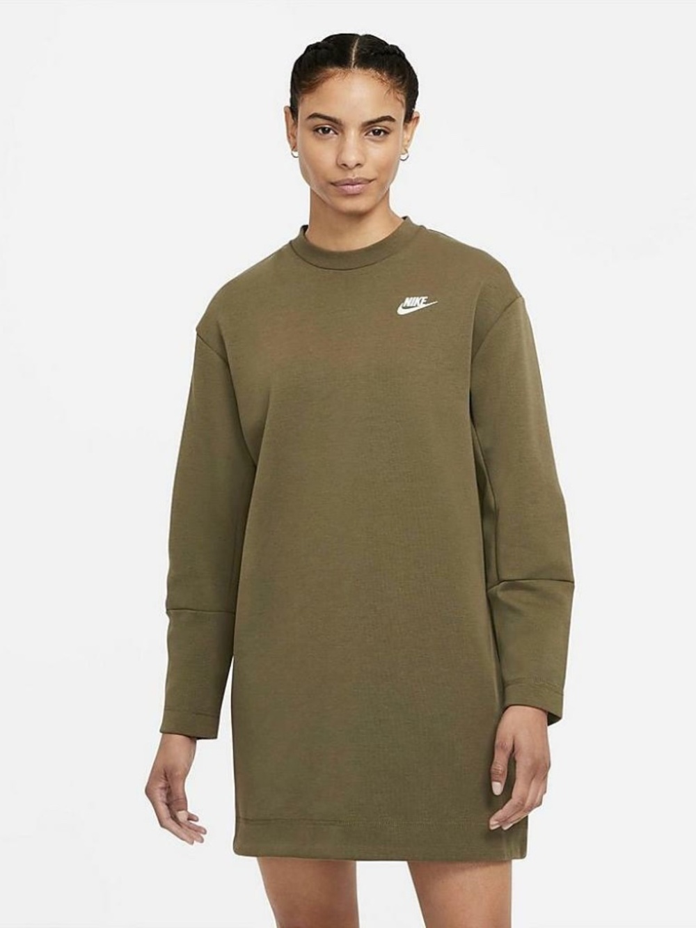 Nike Sportswear Tech Fleece Crewneck Dress Olive Green Zipper Sleeve Womens XS